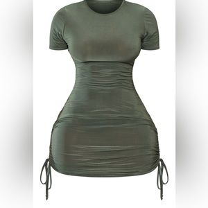 Shape Khaki Slinky Short Sleeve Ruched Side Bodycon Dress
